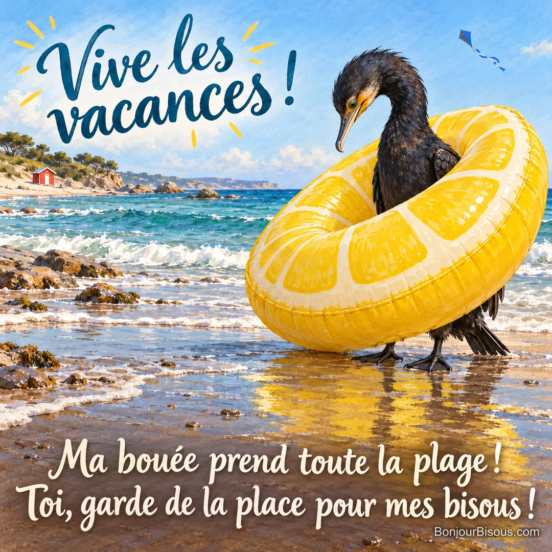 Un cormoran noir porte une énorme bouée jaune en forme de citron sur une plage estivale, avec le message « Vive les vacances ! Ma bouée prend toute la plage ! Toi, garde de la place pour mes bisous ! ». Un cormoran noir porte une énorme bouée jaune en forme de citron sur une plage estivale, avec le message « Vive les vacances ! Ma bouée prend toute la plage ! Toi, garde de la place pour mes bisous ! ».