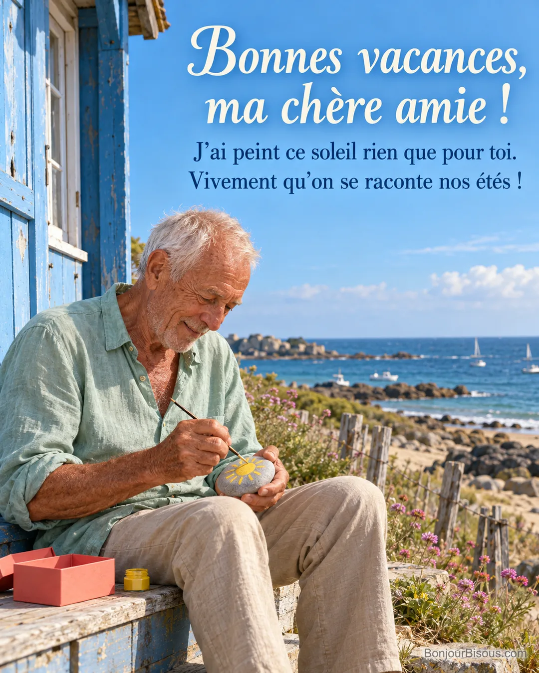 Un homme âgé peint un soleil jaune sur un galet lisse devant une cabane de plage bretonne pour en faire un cadeau, avec le message « Bonnes vacances, ma chère amie ! J’ai peint ce soleil rien que pour toi. Vivement qu’on se raconte nos étés ! ».