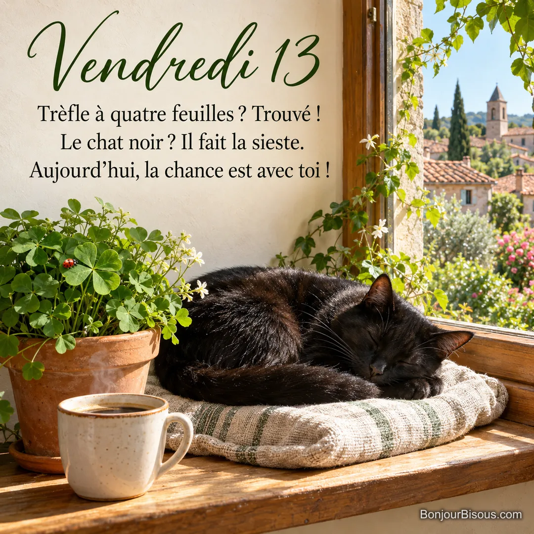 Photo d’un chat noir endormi sur un coussin au rebord d’une fenêtre ensoleillée, avec un pot de trèfles où grimpe une coccinelle et une tasse de café, avec le texte « Vendredi 13 – Trèfle à quatre feuilles ? Trouvé ! Le chat noir ? Il fait la sieste. Aujourd’hui, la chance est avec toi ! » Photo d’un chat noir endormi sur un coussin au rebord d’une fenêtre ensoleillée, avec un pot de trèfles où grimpe une coccinelle et une tasse de café, avec le texte « Vendredi 13 – Trèfle à quatre feuilles ? Trouvé ! Le chat noir ? Il fait la sieste. Aujourd’hui, la chance est avec toi ! »