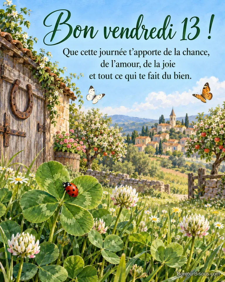 Peinture d’une coccinelle sur un trèfle à quatre feuilles dans un pré fleuri, une porte de grange avec un fer à cheval et un village au loin, avec le texte « Bon vendredi 13 ! Que cette journée t’apporte de la chance, de l’amour, de la joie et tout ce qui te fait du bien. »