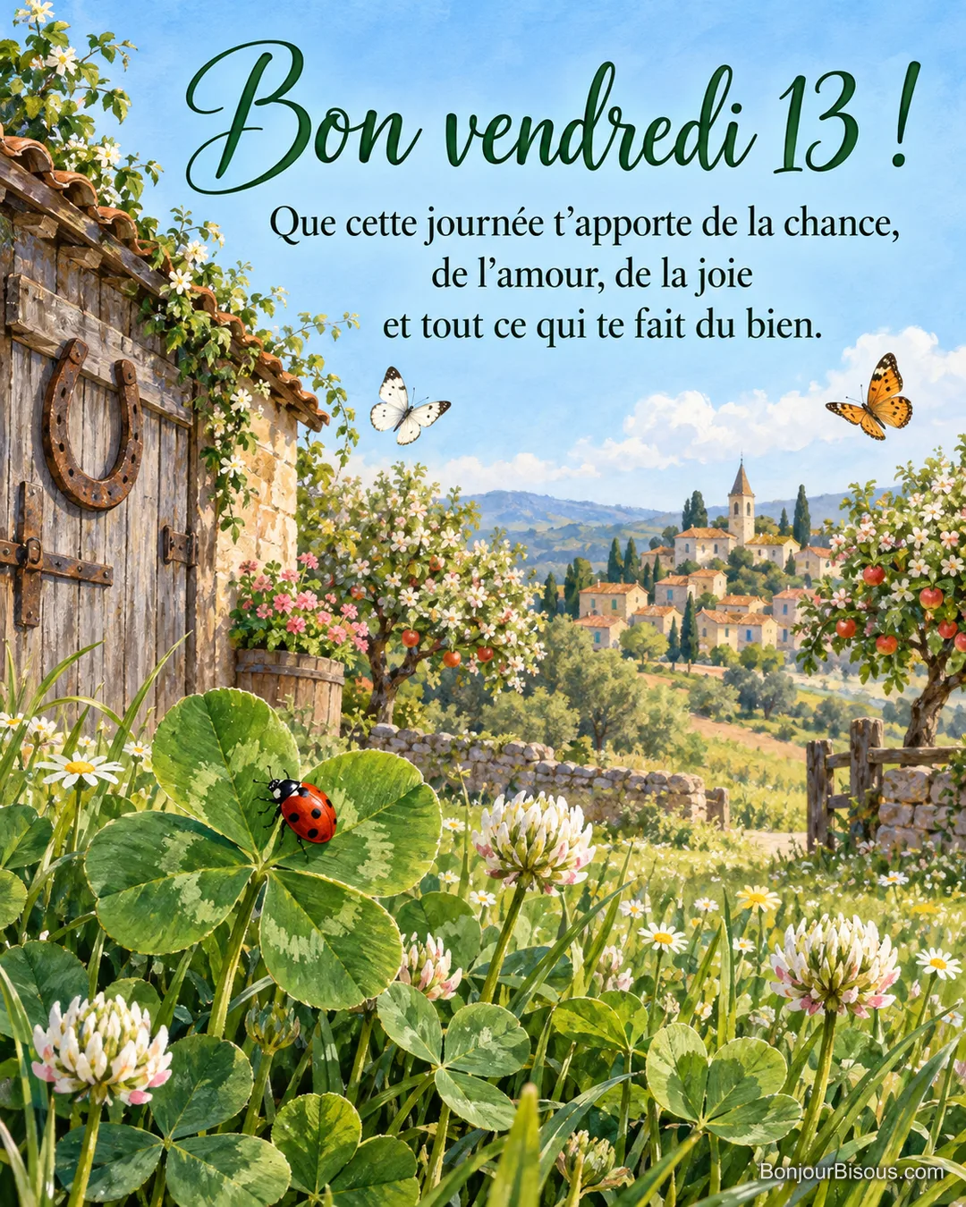 Peinture d’une coccinelle sur un trèfle à quatre feuilles dans un pré fleuri, une porte de grange avec un fer à cheval et un village au loin, avec le texte « Bon vendredi 13 ! Que cette journée t’apporte de la chance, de l’amour, de la joie et tout ce qui te fait du bien. » Peinture d’une coccinelle sur un trèfle à quatre feuilles dans un pré fleuri, une porte de grange avec un fer à cheval et un village au loin, avec le texte « Bon vendredi 13 ! Que cette journée t’apporte de la chance, de l’amour, de la joie et tout ce qui te fait du bien. »