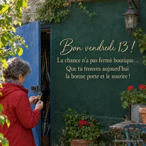 Une femme ouvre le cadenas d’une remise bleue dans une cour verdoyante, avec le texte « Bon vendredi 13 ! La chance n’a pas fermé boutique… Que tu trouves aujourd’hui la bonne porte et le sourire ! ».