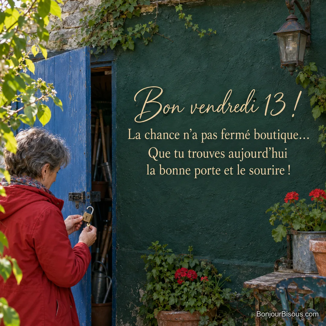 Une femme ouvre le cadenas d’une remise bleue dans une cour verdoyante, avec le texte « Bon vendredi 13 ! La chance n’a pas fermé boutique… Que tu trouves aujourd’hui la bonne porte et le sourire ! ». Une femme ouvre le cadenas d’une remise bleue dans une cour verdoyante, avec le texte « Bon vendredi 13 ! La chance n’a pas fermé boutique… Que tu trouves aujourd’hui la bonne porte et le sourire ! ».