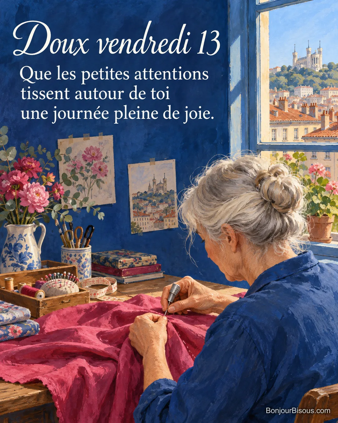 Une femme reprend une couture rose avec un dé à coudre dans un atelier lyonnais, avec le texte « Doux vendredi 13 Que les petites attentions tissent autour de toi une journée pleine de joie. ». Une femme reprend une couture rose avec un dé à coudre dans un atelier lyonnais, avec le texte « Doux vendredi 13 Que les petites attentions tissent autour de toi une journée pleine de joie. ».
