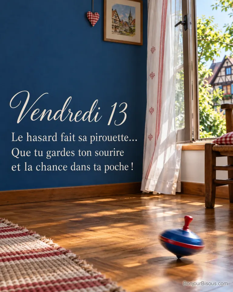Une toupie bleue et rouge tourne sur le parquet ensoleillé d’une maison alsacienne, avec le texte « Vendredi 13 Le hasard fait sa pirouette… Que tu gardes ton sourire et la chance dans ta poche ! ».