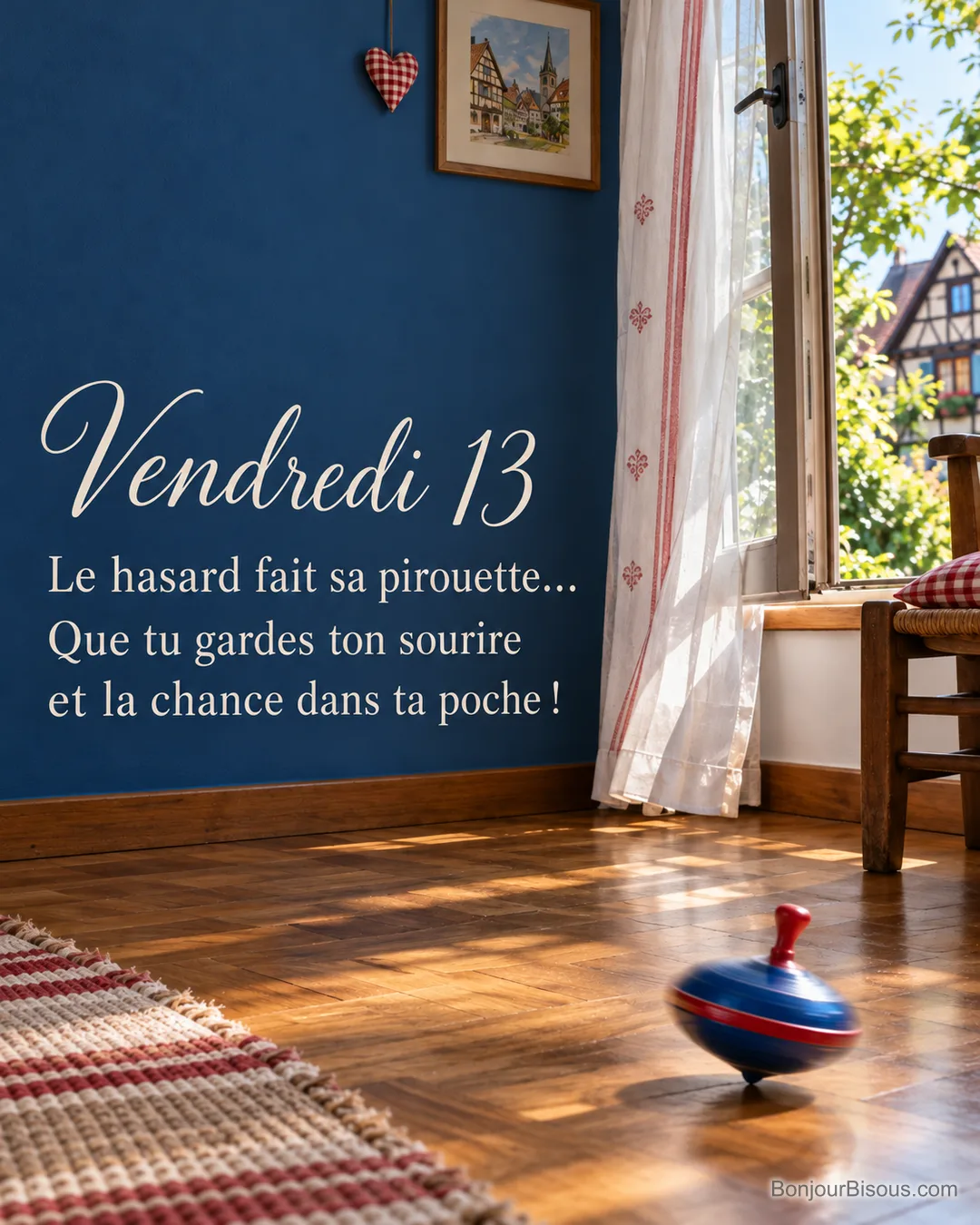 Une toupie bleue et rouge tourne sur le parquet ensoleillé d’une maison alsacienne, avec le texte « Vendredi 13 Le hasard fait sa pirouette… Que tu gardes ton sourire et la chance dans ta poche ! ». Une toupie bleue et rouge tourne sur le parquet ensoleillé d’une maison alsacienne, avec le texte « Vendredi 13 Le hasard fait sa pirouette… Que tu gardes ton sourire et la chance dans ta poche ! ».