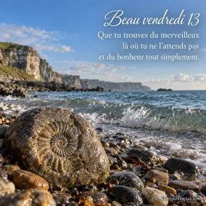 Une ammonite fossile apparaît dans un galet humide au bord d’une crique normande, avec le texte « Beau vendredi 13 Que tu trouves du merveilleux là où tu ne l’attends pas et du bonheur tout simplement. ».