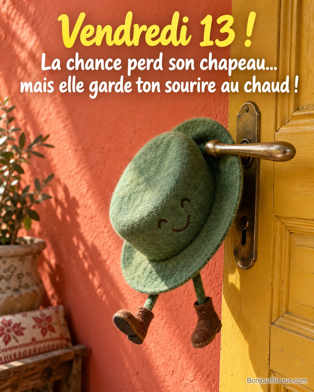 Un chapeau vert animé reste accroché à une poignée de porte et agite ses petites bottes, avec le texte « Vendredi 13 ! La chance perd son chapeau… mais elle garde ton sourire au chaud ! ». Un chapeau vert animé reste accroché à une poignée de porte et agite ses petites bottes, avec le texte « Vendredi 13 ! La chance perd son chapeau… mais elle garde ton sourire au chaud ! ».