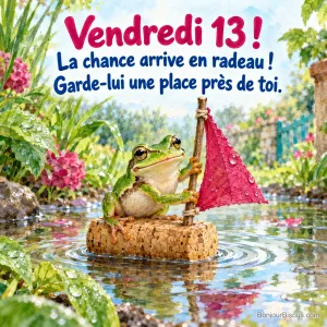 Une rainette navigue dans une flaque sur un bouchon de liège muni d’une petite voile rose, avec le texte « Vendredi 13 ! La chance arrive en radeau ! Garde-lui une place près de toi. ».