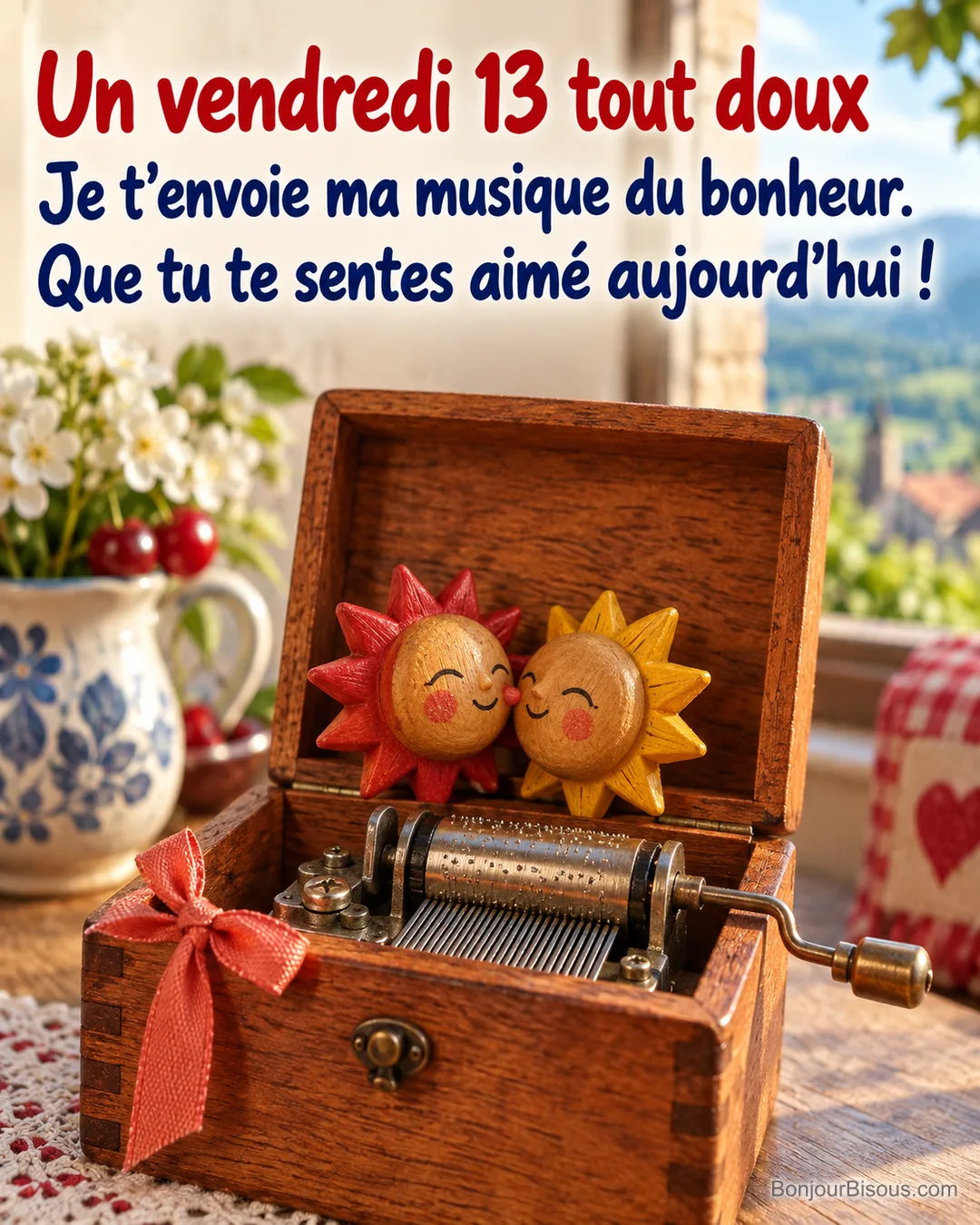 Un coffret musical ouvert abrite deux petits soleils de bois qui se rapprochent tendrement, avec le texte « Un vendredi 13 tout doux Je t’envoie ma musique du bonheur. Que tu te sentes aimé aujourd’hui ! ». Un coffret musical ouvert abrite deux petits soleils de bois qui se rapprochent tendrement, avec le texte « Un vendredi 13 tout doux Je t’envoie ma musique du bonheur. Que tu te sentes aimé aujourd’hui ! ».