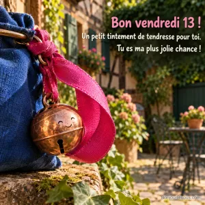 Un grelot de cuivre suspendu à un ruban rose apporte une petite touche de tendresse porte-bonheur, avec le texte « Bon vendredi 13 ! Un petit tintement de tendresse pour toi. Tu es ma plus jolie chance ! ».