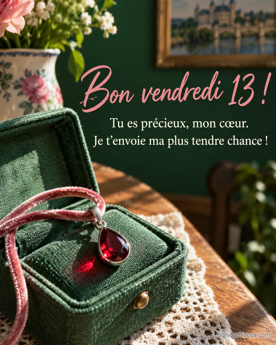 Un pendentif de grenat rouge est entouré d’un cordon rose dans un écrin vert éclairé par le soleil, avec le texte « Bon vendredi 13 ! Tu es précieux, mon cœur. Je t’envoie ma plus tendre chance ! ». Un pendentif de grenat rouge est entouré d’un cordon rose dans un écrin vert éclairé par le soleil, avec le texte « Bon vendredi 13 ! Tu es précieux, mon cœur. Je t’envoie ma plus tendre chance ! ».