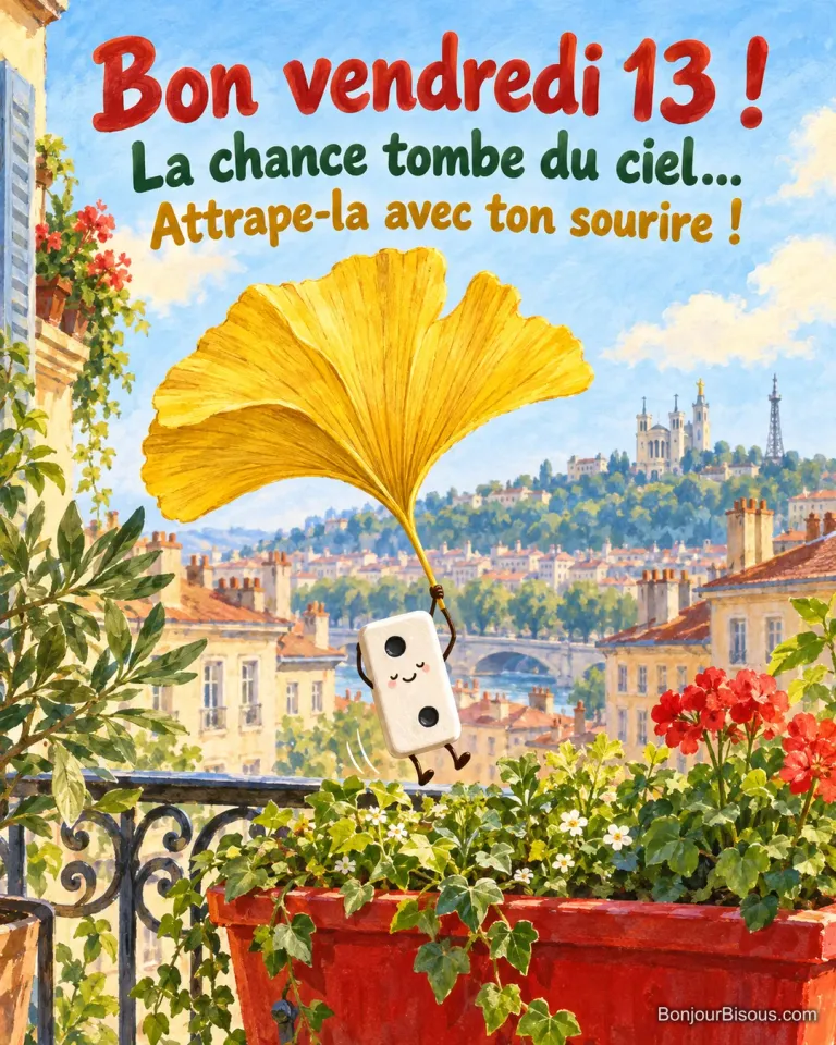 Un domino souriant descend dans une jardinière grâce à une grande feuille qui lui sert de parachute, avec le texte « Bon vendredi 13 ! La chance tombe du ciel… Attrape-la avec ton sourire ! ».