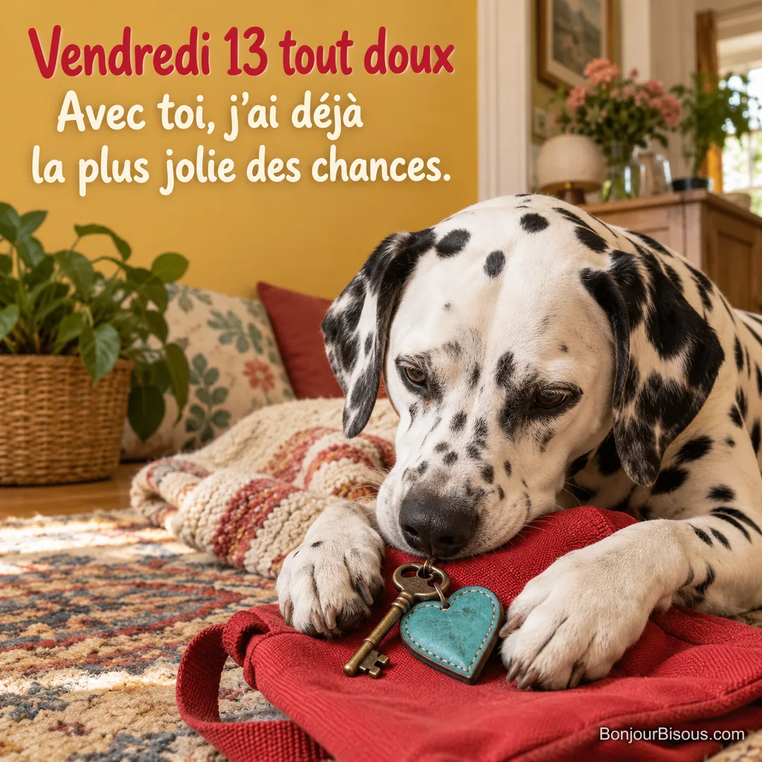 Un dalmatien garde une clé ancienne ornée d’un petit cœur près de son museau, avec le texte « Vendredi 13 tout doux Avec toi, j’ai déjà la plus jolie des chances. ». Un dalmatien garde une clé ancienne ornée d’un petit cœur près de son museau, avec le texte « Vendredi 13 tout doux Avec toi, j’ai déjà la plus jolie des chances. ».