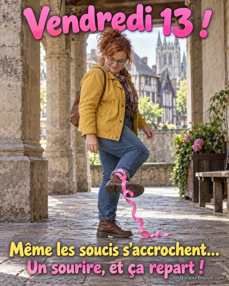 Une femme amusée découvre un long serpentin rose accroché sous sa botte, avec le texte « Vendredi 13 ! Même les soucis s’accrochent… Un sourire, et ça repart ! ».