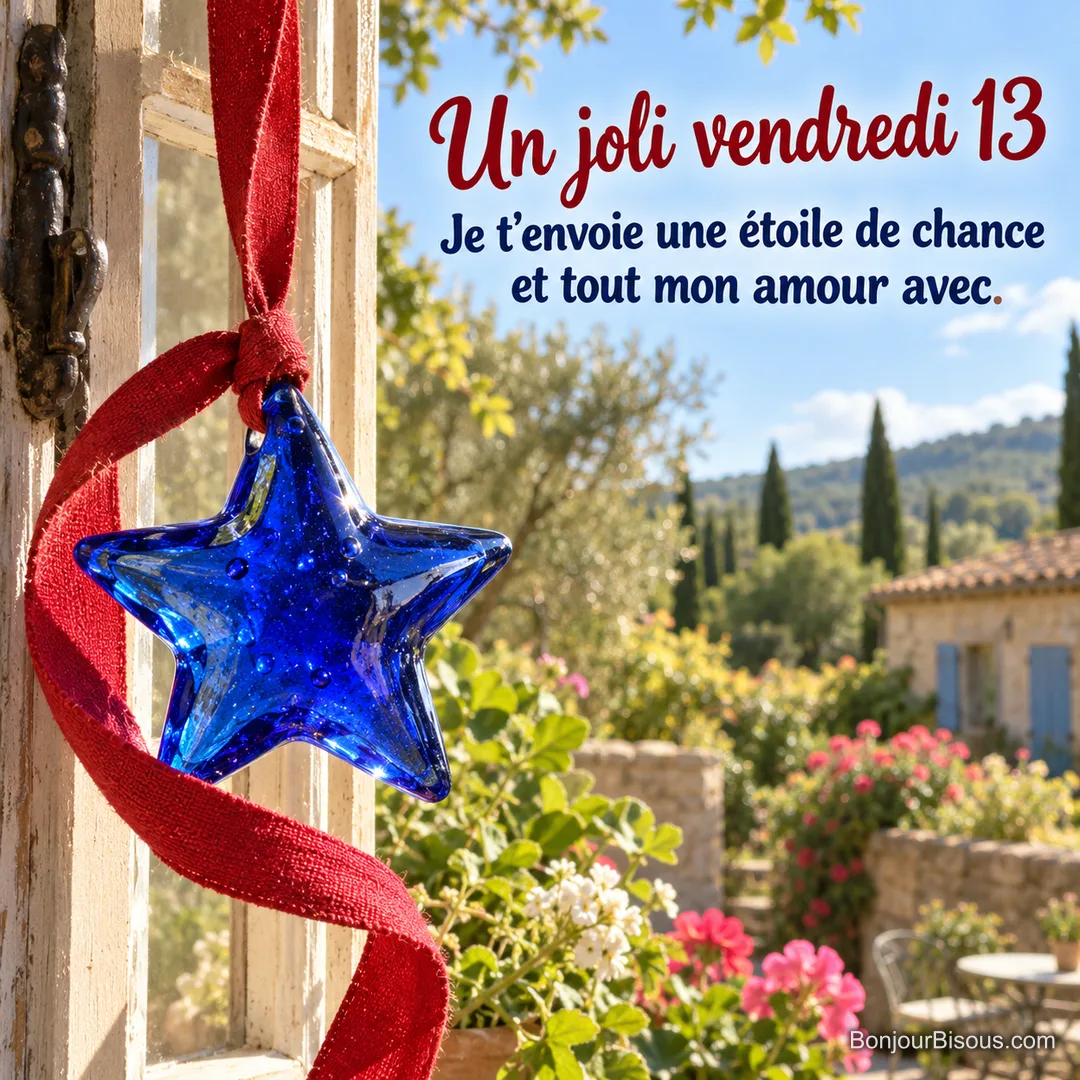 Une étoile de verre bleu se balance au bout d’un ruban rouge dans la lumière du jardin, avec le texte « Un joli vendredi 13 Je t’envoie une étoile de chance et tout mon amour avec. ». Une étoile de verre bleu se balance au bout d’un ruban rouge dans la lumière du jardin, avec le texte « Un joli vendredi 13 Je t’envoie une étoile de chance et tout mon amour avec. ».