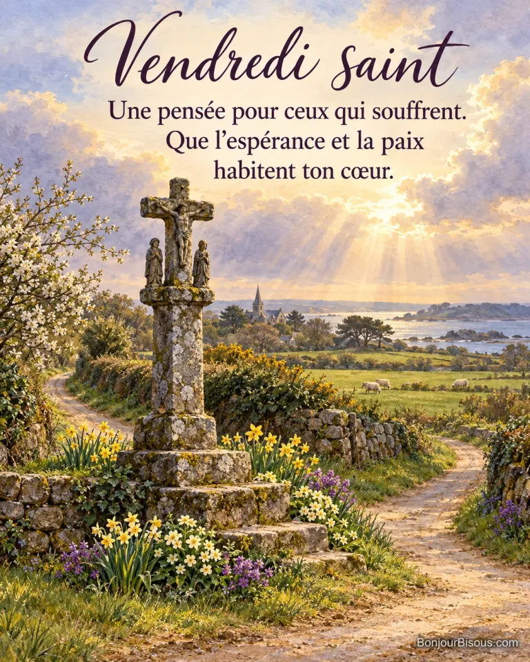 Peinture d’un calvaire en pierre moussue à un carrefour de chemins bretons, entouré de jonquilles et de primevères, moutons et mer au loin sous des rayons de soleil, avec le texte « Vendredi saint – Une pensée pour ceux qui souffrent. Que l’espérance et la paix habitent ton cœur. »