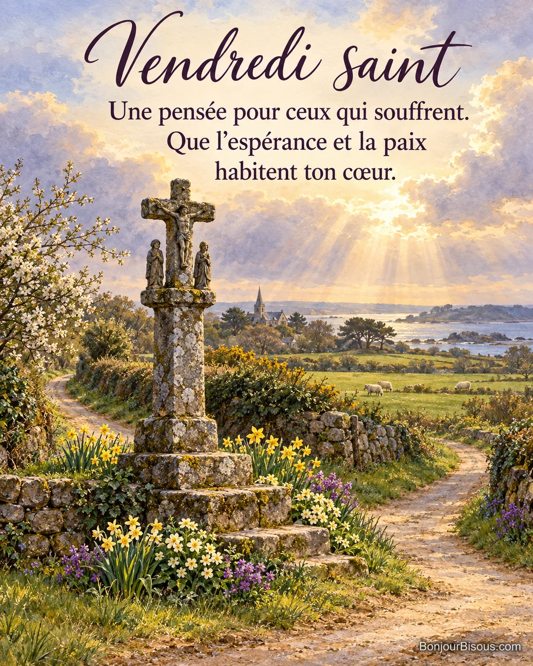 Peinture d’un calvaire en pierre moussue à un carrefour de chemins bretons, entouré de jonquilles et de primevères, moutons et mer au loin sous des rayons de soleil, avec le texte « Vendredi saint – Une pensée pour ceux qui souffrent. Que l’espérance et la paix habitent ton cœur. » Peinture d’un calvaire en pierre moussue à un carrefour de chemins bretons, entouré de jonquilles et de primevères, moutons et mer au loin sous des rayons de soleil, avec le texte « Vendredi saint – Une pensée pour ceux qui souffrent. Que l’espérance et la paix habitent ton cœur. »