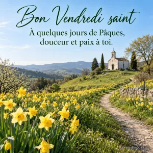 Photo d’un champ de jonquilles sauvages et d’un sentier qui monte vers une chapelle blanche sur une colline, sous un ciel bleu de printemps, avec le texte « Bon Vendredi saint – À quelques jours de Pâques, douceur et paix à toi. »