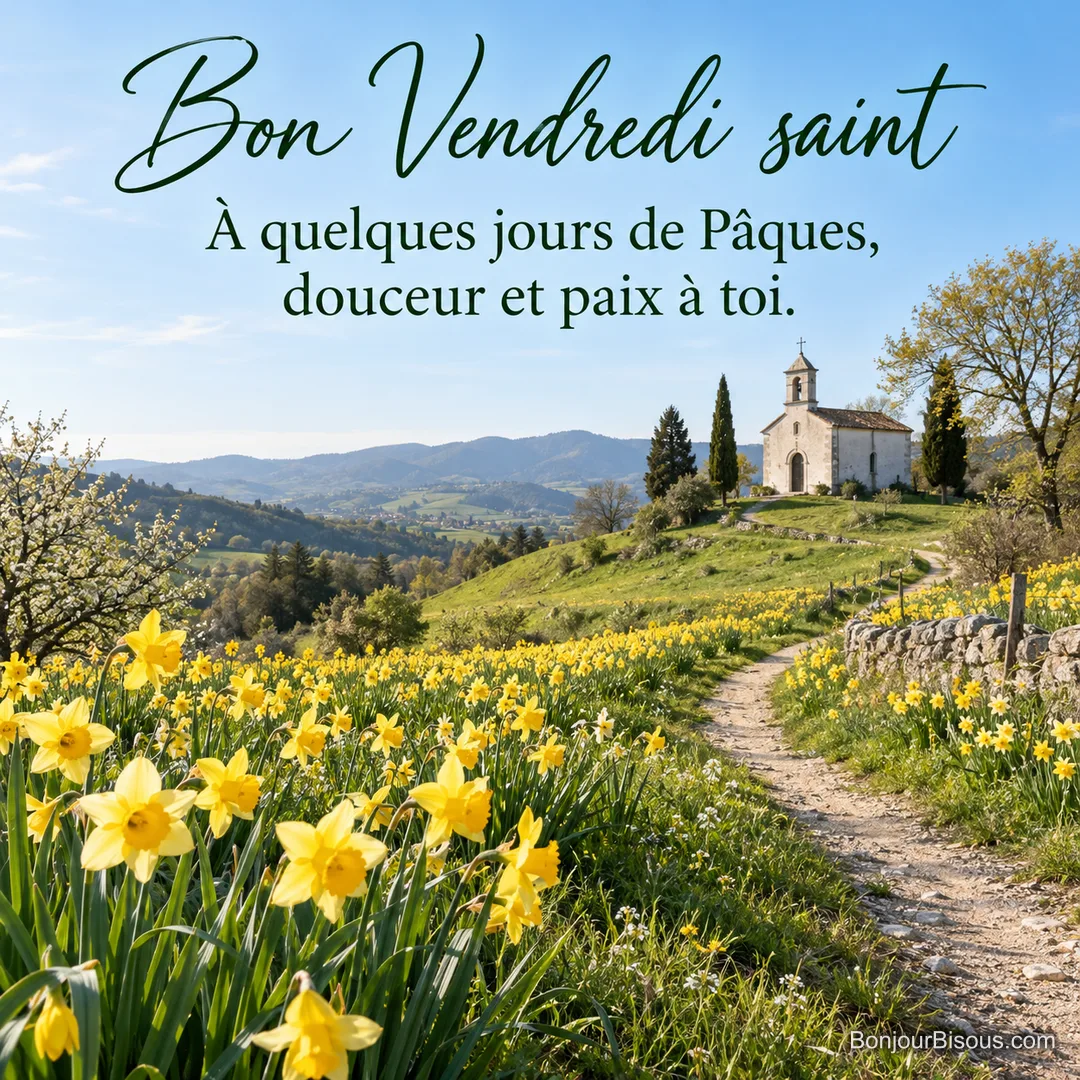 Photo d’un champ de jonquilles sauvages et d’un sentier qui monte vers une chapelle blanche sur une colline, sous un ciel bleu de printemps, avec le texte « Bon Vendredi saint – À quelques jours de Pâques, douceur et paix à toi. » Photo d’un champ de jonquilles sauvages et d’un sentier qui monte vers une chapelle blanche sur une colline, sous un ciel bleu de printemps, avec le texte « Bon Vendredi saint – À quelques jours de Pâques, douceur et paix à toi. »