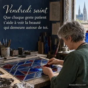 Une artisane restaure une pièce rouge d’un vitrail dans un atelier lumineux, avec le texte « Vendredi saint Que chaque geste patient t’aide à voir la beauté qui demeure autour de toi. ».