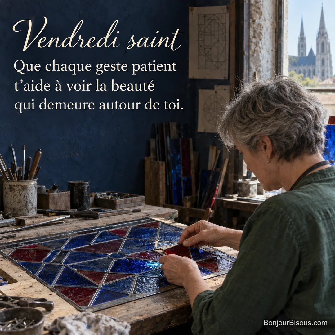 Une artisane restaure une pièce rouge d’un vitrail dans un atelier lumineux, avec le texte « Vendredi saint Que chaque geste patient t’aide à voir la beauté qui demeure autour de toi. ». Une artisane restaure une pièce rouge d’un vitrail dans un atelier lumineux, avec le texte « Vendredi saint Que chaque geste patient t’aide à voir la beauté qui demeure autour de toi. ».
