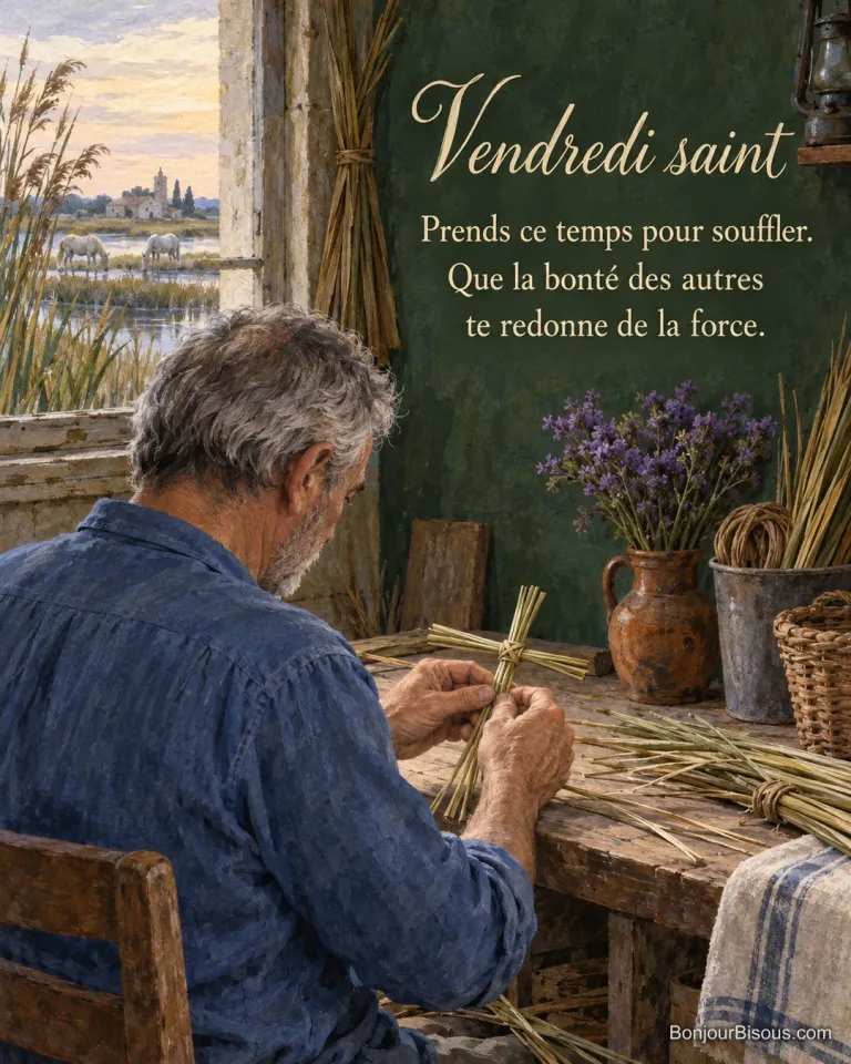 Un homme tresse une petite croix de roseaux dans un atelier camarguais, avec le texte « Vendredi saint Prends ce temps pour souffler. Que la bonté des autres te redonne de la force. ».