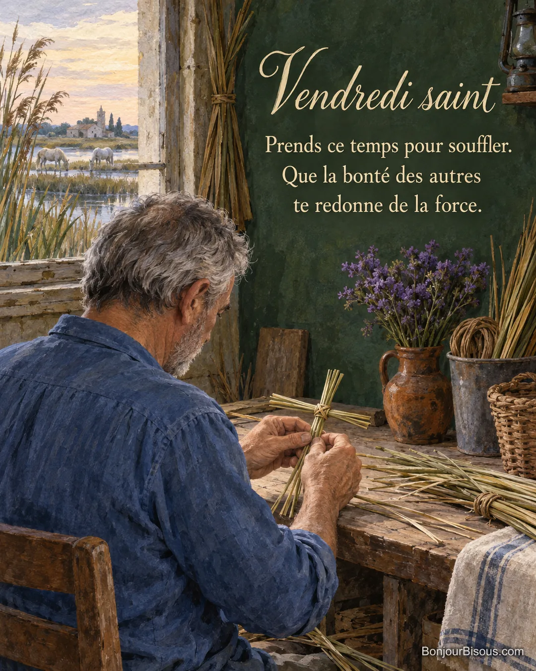 Un homme tresse une petite croix de roseaux dans un atelier camarguais, avec le texte « Vendredi saint Prends ce temps pour souffler. Que la bonté des autres te redonne de la force. ». Un homme tresse une petite croix de roseaux dans un atelier camarguais, avec le texte « Vendredi saint Prends ce temps pour souffler. Que la bonté des autres te redonne de la force. ».