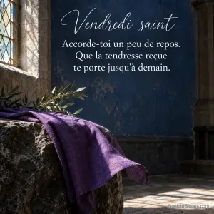 Un drapé violet s’anime doucement près d’une fenêtre, sur une pierre sombre, avec le texte « Vendredi saint Accorde-toi un peu de repos. Que la tendresse reçue te porte jusqu’à demain. ».