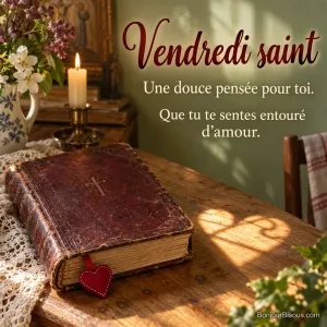 Un missel grenat fermé garde un marque-page en forme de cœur dans une lumière chaleureuse, avec le texte « Vendredi saint Une douce pensée pour toi. Que tu te sentes entouré d’amour. ».