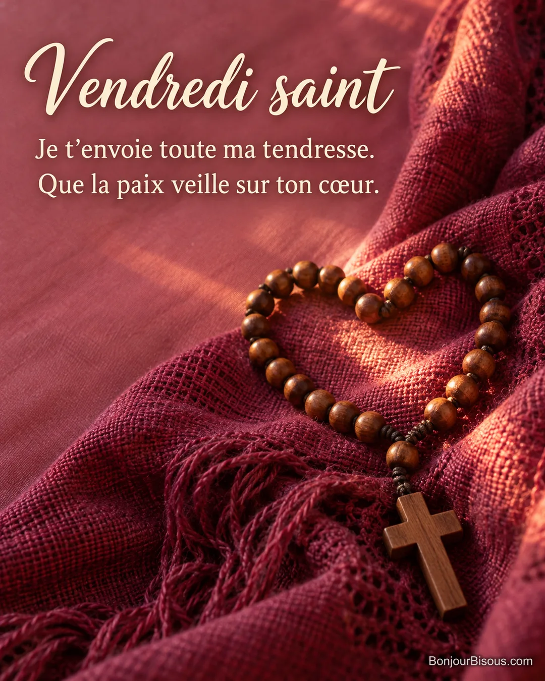 Un chapelet de bois forme un cœur sur un châle framboise réchauffé par le soleil, avec le texte « Vendredi saint Je t’envoie toute ma tendresse. Que la paix veille sur ton cœur. ». Un chapelet de bois forme un cœur sur un châle framboise réchauffé par le soleil, avec le texte « Vendredi saint Je t’envoie toute ma tendresse. Que la paix veille sur ton cœur. ».