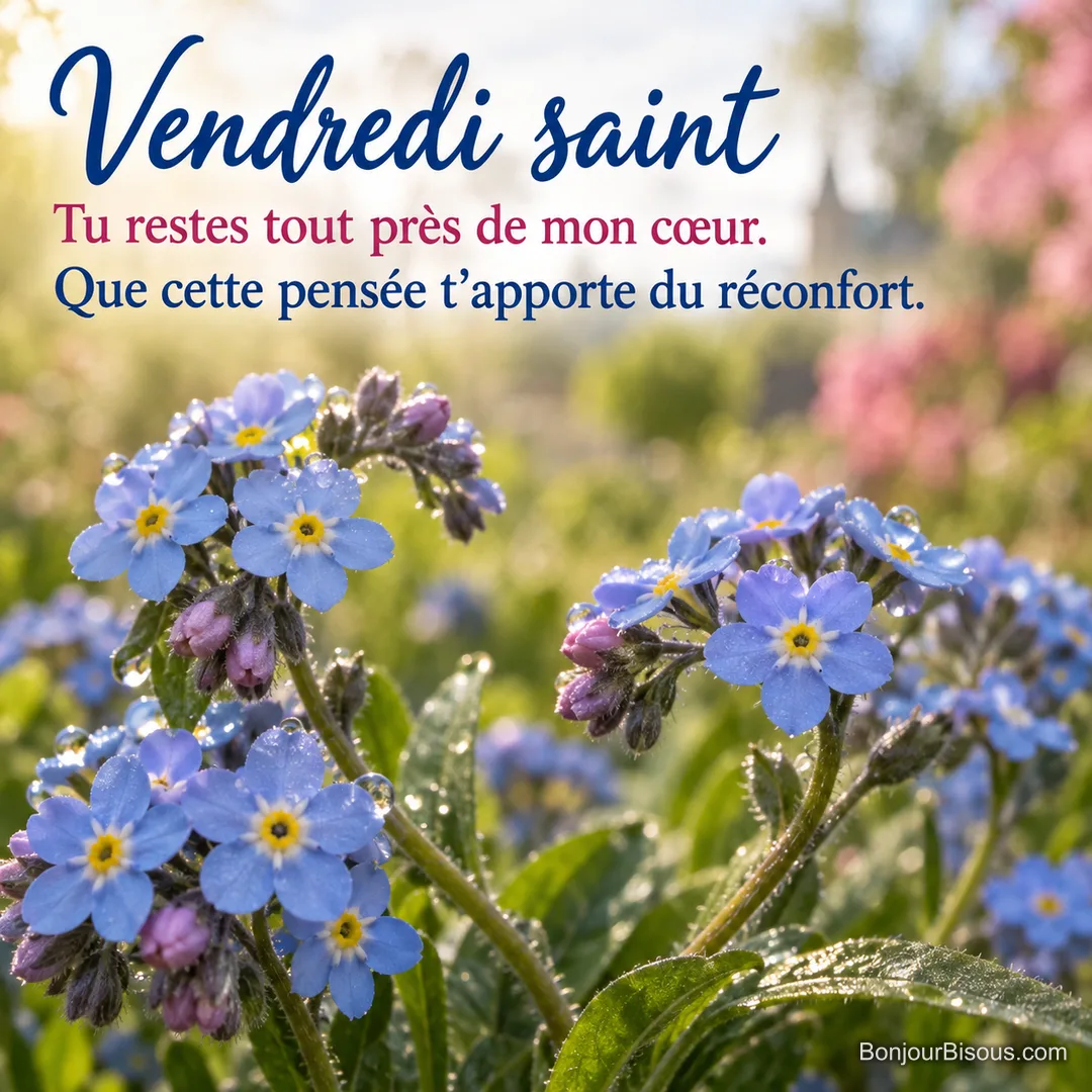Deux touffes de myosotis bleus se rejoignent en cœur dans la rosée du matin, avec le texte « Vendredi saint Tu restes tout près de mon cœur. Que cette pensée t’apporte du réconfort. ». Deux touffes de myosotis bleus se rejoignent en cœur dans la rosée du matin, avec le texte « Vendredi saint Tu restes tout près de mon cœur. Que cette pensée t’apporte du réconfort. ».