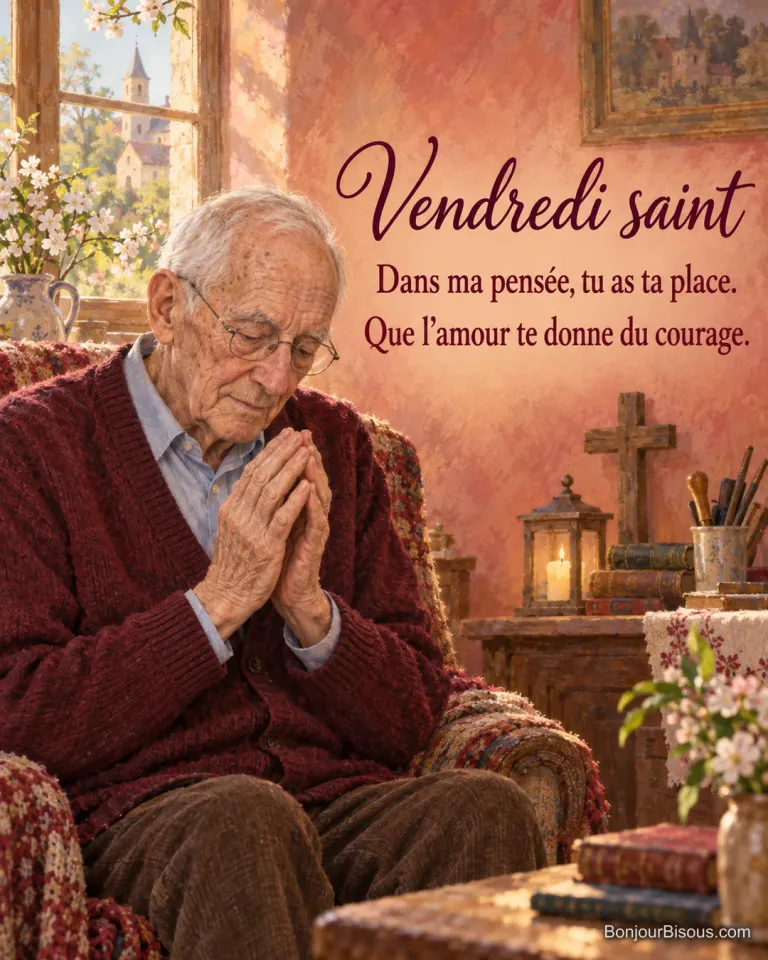 Un homme en cardigan bordeaux joint doucement ses mains dans une maison berrichonne, avec le texte « Vendredi saint Dans ma pensée, tu as ta place. Que l’amour te donne du courage. ».