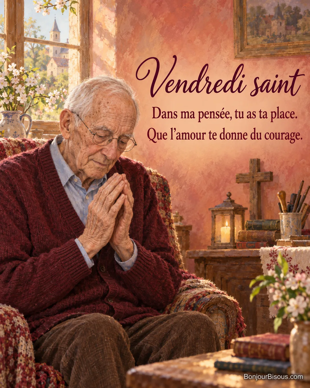 Un homme en cardigan bordeaux joint doucement ses mains dans une maison berrichonne, avec le texte « Vendredi saint Dans ma pensée, tu as ta place. Que l’amour te donne du courage. ». Un homme en cardigan bordeaux joint doucement ses mains dans une maison berrichonne, avec le texte « Vendredi saint Dans ma pensée, tu as ta place. Que l’amour te donne du courage. ».