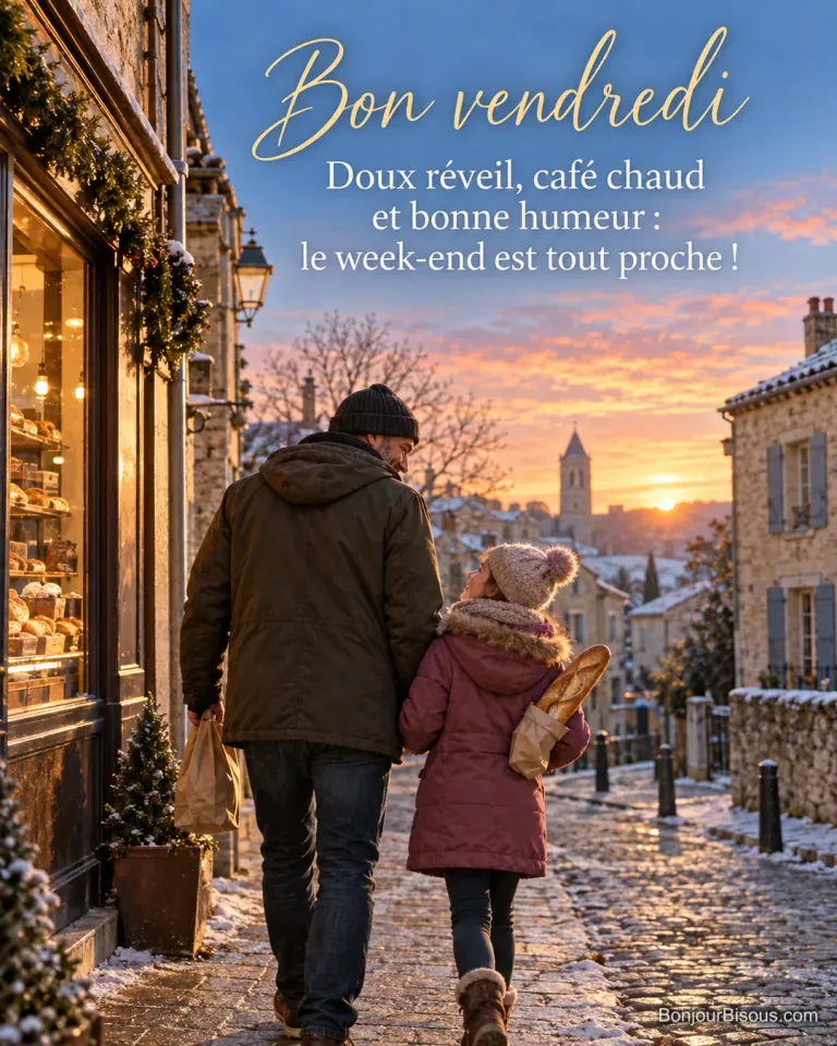 Photo d’un père et de sa fille vus de dos qui marchent dans une rue pavée givrée devant une boulangerie, la fillette tient une baguette, lever de soleil sur le village, avec le texte « Bon vendredi – Doux réveil, café chaud et bonne humeur : le week-end est tout proche ! »