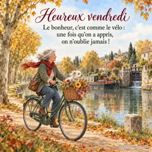 Peinture d’une femme âgée à vélo, écharpe rouge au vent, avec un petit chien blanc dans le panier fleuri, le long d’un canal bordé de platanes avec une péniche et une écluse, avec le texte « Heureux vendredi – Le bonheur, c’est comme le vélo : une fois qu’on a appris, on n’oublie jamais ! »