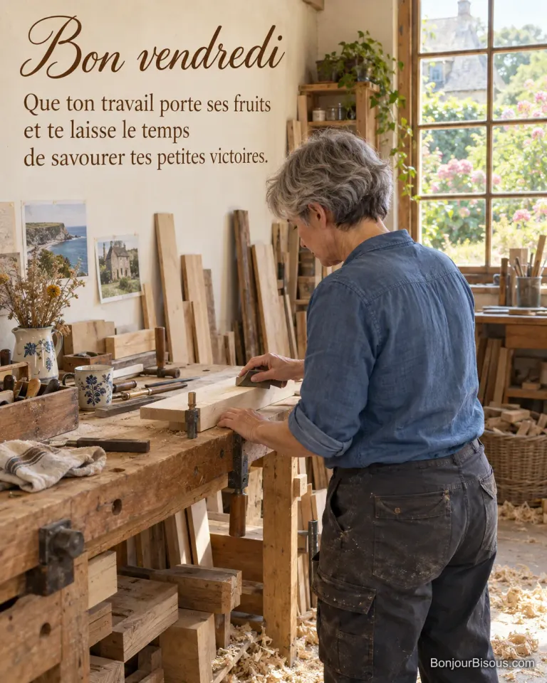 Une ébéniste ponce une pièce de bois dans son atelier normand baigné de lumière, avec le texte « Bon vendredi Que ton travail porte ses fruits et te laisse le temps de savourer tes petites victoires. ».