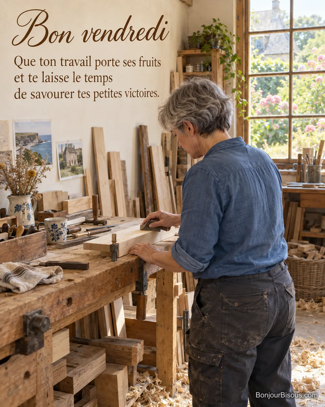 Une ébéniste ponce une pièce de bois dans son atelier normand baigné de lumière, avec le texte « Bon vendredi Que ton travail porte ses fruits et te laisse le temps de savourer tes petites victoires. ». Une ébéniste ponce une pièce de bois dans son atelier normand baigné de lumière, avec le texte « Bon vendredi Que ton travail porte ses fruits et te laisse le temps de savourer tes petites victoires. ».