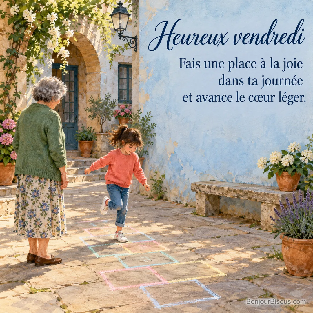 Une grand-mère observe sa petite-fille sautant sur une marelle dans une cour lyonnaise, avec le texte « Heureux vendredi Fais une place à la joie dans ta journée et avance le cœur léger. ». Une grand-mère observe sa petite-fille sautant sur une marelle dans une cour lyonnaise, avec le texte « Heureux vendredi Fais une place à la joie dans ta journée et avance le cœur léger. ».