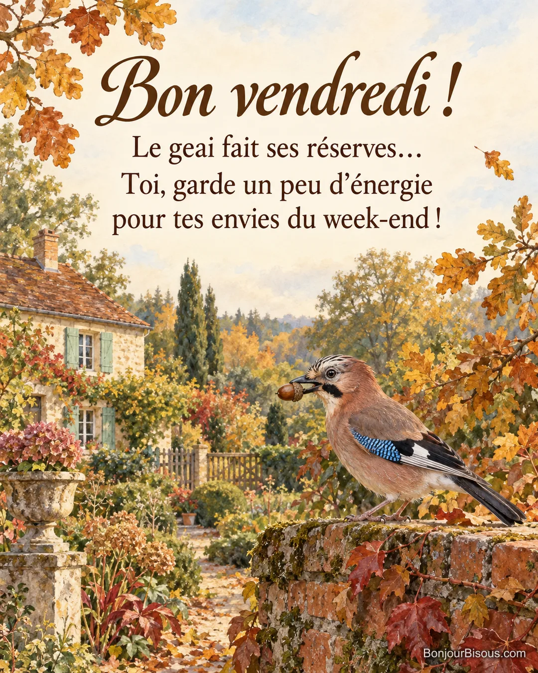 Un geai des chênes transporte un gland sur un muret de jardin solognot, avec le texte « Bon vendredi ! Le geai fait ses réserves… Toi, garde un peu d’énergie pour tes envies du week-end ! ». Un geai des chênes transporte un gland sur un muret de jardin solognot, avec le texte « Bon vendredi ! Le geai fait ses réserves… Toi, garde un peu d’énergie pour tes envies du week-end ! ».