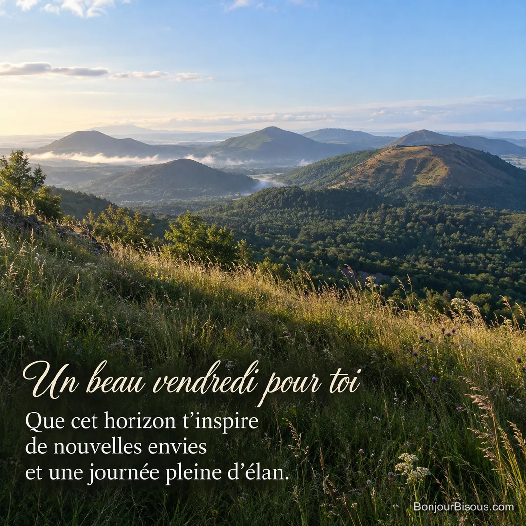 La lumière du matin dévoile les volcans d’Auvergne derrière des herbes animées par le vent, avec le texte « Un beau vendredi pour toi Que cet horizon t’inspire de nouvelles envies et une journée pleine d’élan. ». La lumière du matin dévoile les volcans d’Auvergne derrière des herbes animées par le vent, avec le texte « Un beau vendredi pour toi Que cet horizon t’inspire de nouvelles envies et une journée pleine d’élan. ».