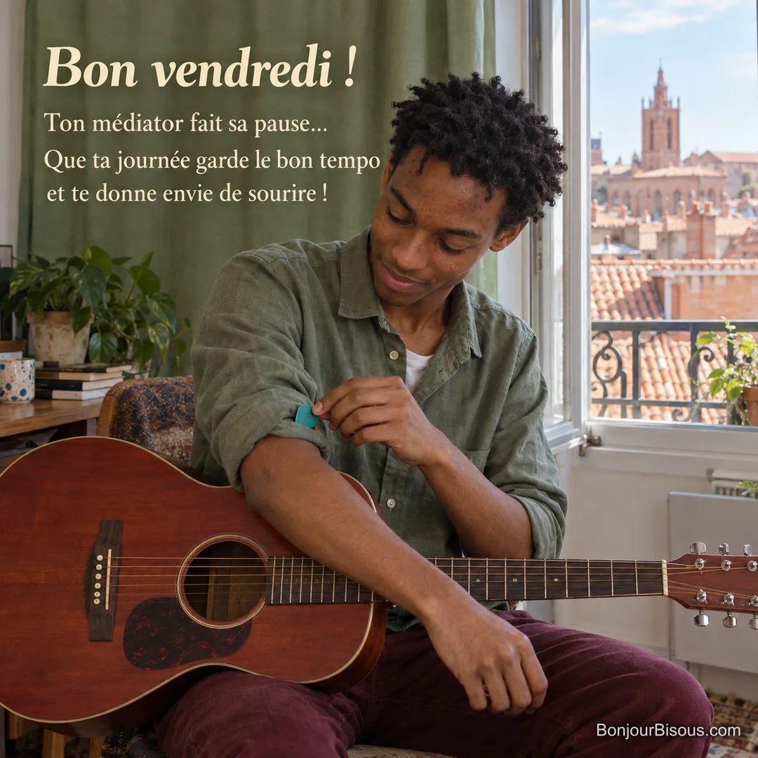Un jeune guitariste retrouve son médiator turquoise dans le revers de sa manche, dans un appartement toulousain, avec le texte « Bon vendredi ! Ton médiator fait sa pause… Que ta journée garde le bon tempo et te donne envie de sourire ! ». Un jeune guitariste retrouve son médiator turquoise dans le revers de sa manche, dans un appartement toulousain, avec le texte « Bon vendredi ! Ton médiator fait sa pause… Que ta journée garde le bon tempo et te donne envie de sourire ! ».