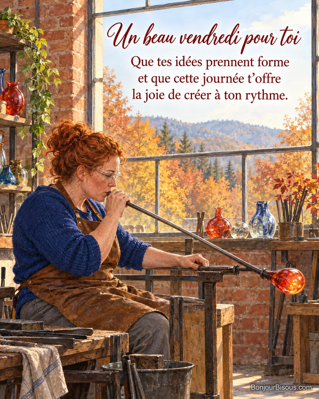 Une artisane verrière souffle une petite bulle de verre rouge dans son atelier vosgien, avec le texte « Un beau vendredi pour toi Que tes idées prennent forme et que cette journée t’offre la joie de créer à ton rythme. ». Une artisane verrière souffle une petite bulle de verre rouge dans son atelier vosgien, avec le texte « Un beau vendredi pour toi Que tes idées prennent forme et que cette journée t’offre la joie de créer à ton rythme. ».