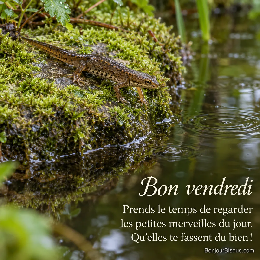 Un triton palmé brun olive avance sur une pierre moussue au bord d’une mare normande au matin, avec le texte « Bon vendredi Prends le temps de regarder les petites merveilles du jour. Qu’elles te fassent du bien ! ».