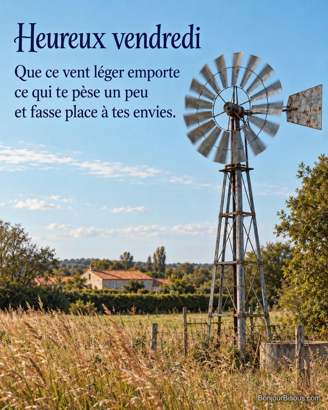 Une pompe éolienne agricole tourne dans la brise au-dessus d’un pré vendéen bordé de graminées, avec le texte « Heureux vendredi Que ce vent léger emporte ce qui te pèse un peu et fasse place à tes envies. ». Une pompe éolienne agricole tourne dans la brise au-dessus d’un pré vendéen bordé de graminées, avec le texte « Heureux vendredi Que ce vent léger emporte ce qui te pèse un peu et fasse place à tes envies. ».