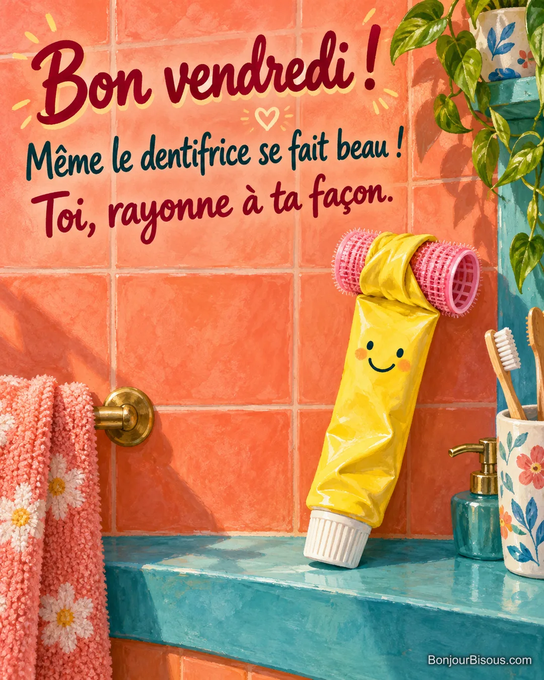Un tube de dentifrice souriant porte un grand bigoudi rose sur une tablette turquoise, avec le texte « Bon vendredi ! Même le dentifrice se fait beau ! Toi, rayonne à ta façon. ». Un tube de dentifrice souriant porte un grand bigoudi rose sur une tablette turquoise, avec le texte « Bon vendredi ! Même le dentifrice se fait beau ! Toi, rayonne à ta façon. ».