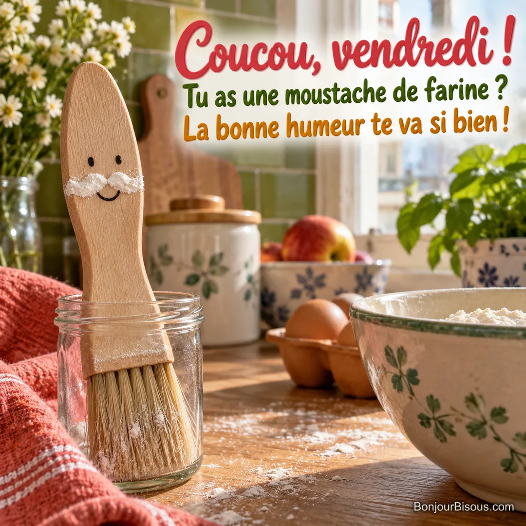 Un pinceau pâtissier arbore une moustache de farine dans une cuisine colorée, avec le texte « Coucou, vendredi ! Tu as une moustache de farine ? La bonne humeur te va si bien ! ». Un pinceau pâtissier arbore une moustache de farine dans une cuisine colorée, avec le texte « Coucou, vendredi ! Tu as une moustache de farine ? La bonne humeur te va si bien ! ».