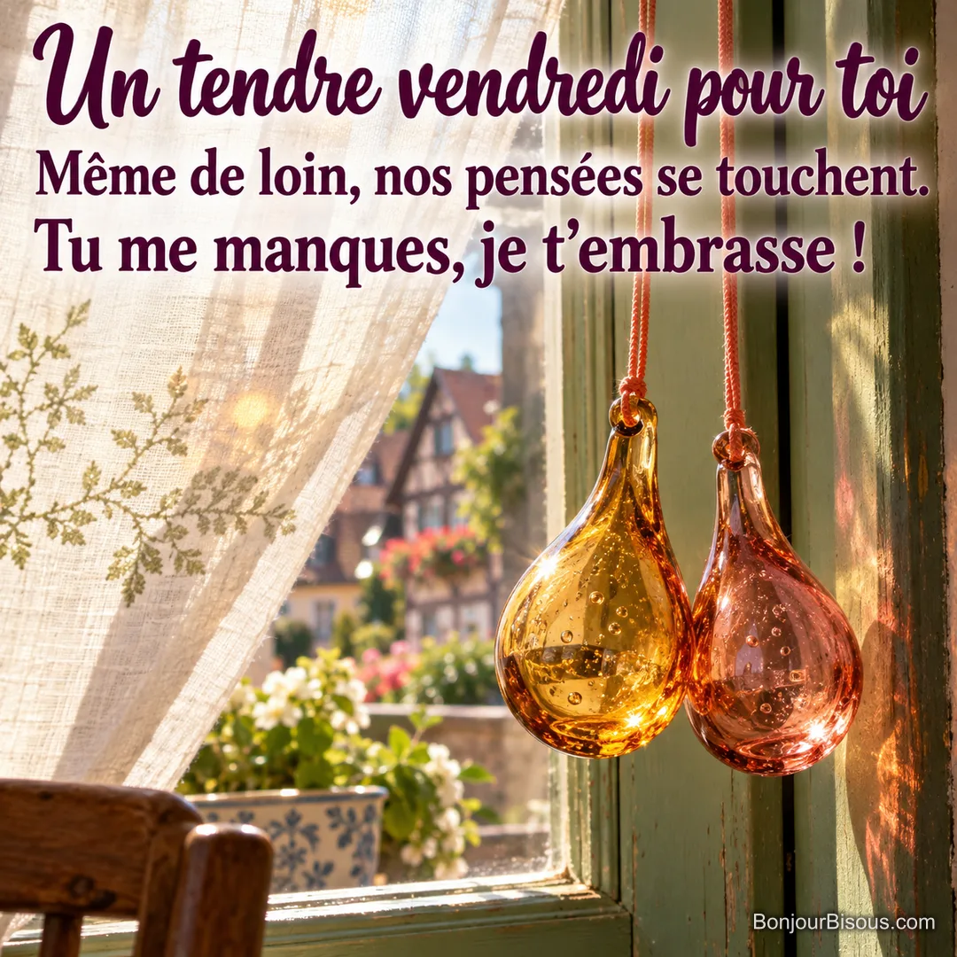 Deux pendeloques de verre ambré et rose se touchent dans la lumière du matin, avec le texte « Un tendre vendredi pour toi Même de loin, nos pensées se touchent. Tu me manques, je t’embrasse ! ». Deux pendeloques de verre ambré et rose se touchent dans la lumière du matin, avec le texte « Un tendre vendredi pour toi Même de loin, nos pensées se touchent. Tu me manques, je t’embrasse ! ».