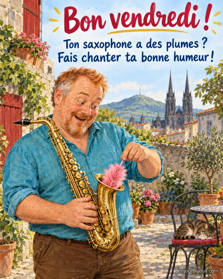 Un musicien retire avec amusement un petit plumeau rose du pavillon de son saxophone, avec le texte « Bon vendredi ! Ton saxophone a des plumes ? Fais chanter ta bonne humeur ! ».