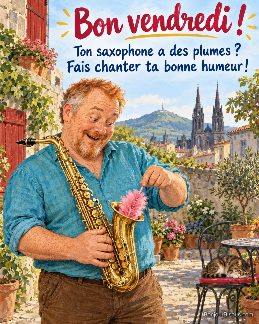 Un musicien retire avec amusement un petit plumeau rose du pavillon de son saxophone, avec le texte « Bon vendredi ! Ton saxophone a des plumes ? Fais chanter ta bonne humeur ! ».